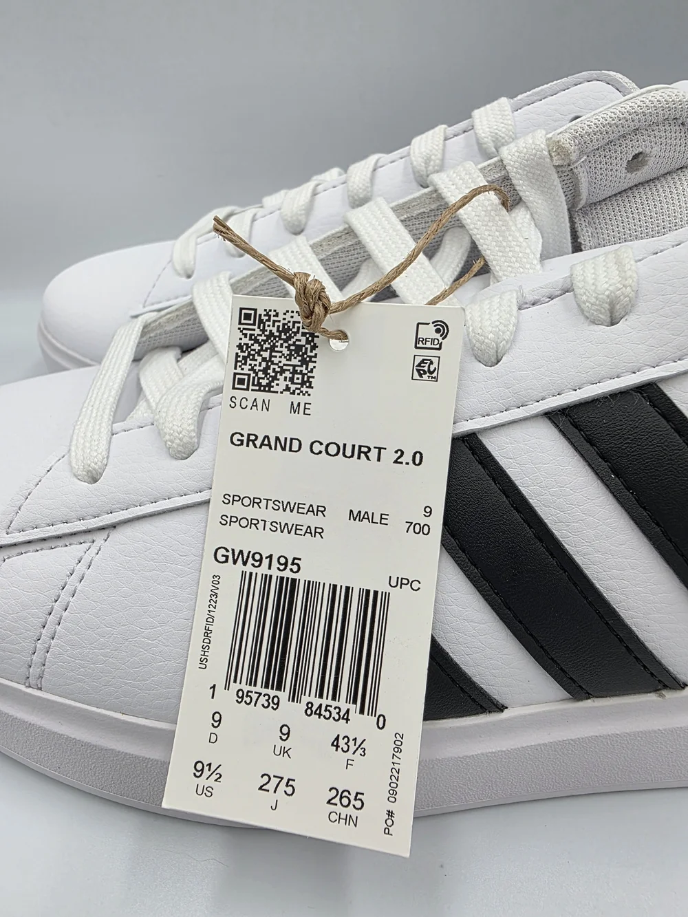 adidas Grand Court 2.0 White Sneakers with Black Three-Stripes